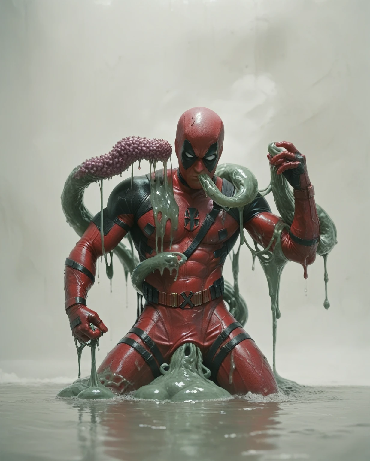 Deadpool, Superhero, Tentacle entanglement,, monster breeding, wet, slime, tentacles, slimy tentacles, monster and human breeding, Deep into the mouth, pectoral