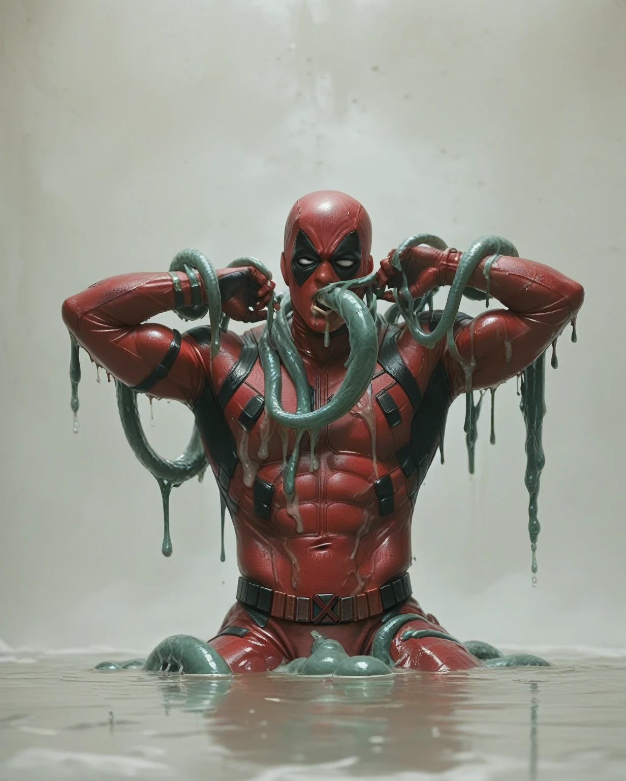 Deadpool, Superhero, Tentacle entanglement,, monster breeding, wet, slime, tentacles, slimy tentacles, monster and human breeding, Deep into the mouth, pectoral