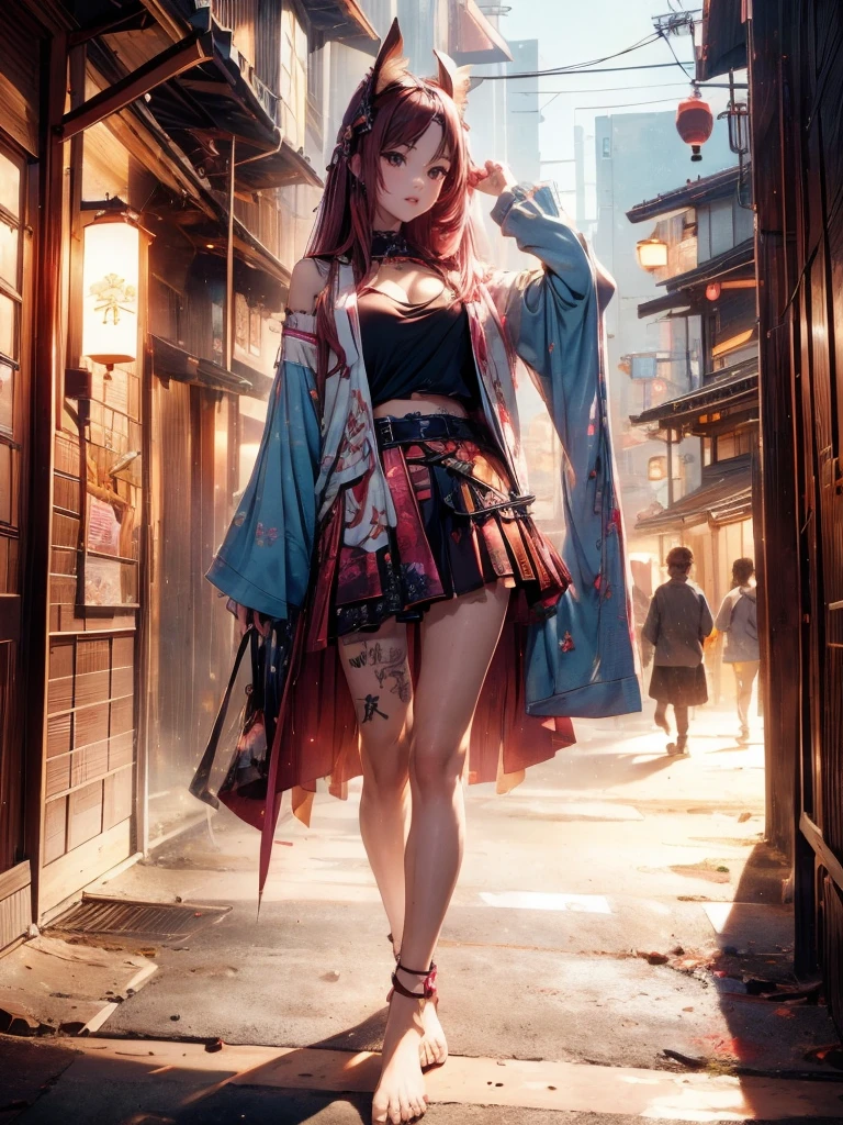  Beautiful Japanese girl,   Pink and brown hair adds high definition_Detail:1, kitsune ears,  tatuaje tribal add _Detail:1, en el infierno add _Detail, barefoot,  city, Evening, landscape, add _Detail:1 ,   skirt with saturated black belly button    , ( black blouse,   light blue   )), Shinobi girl