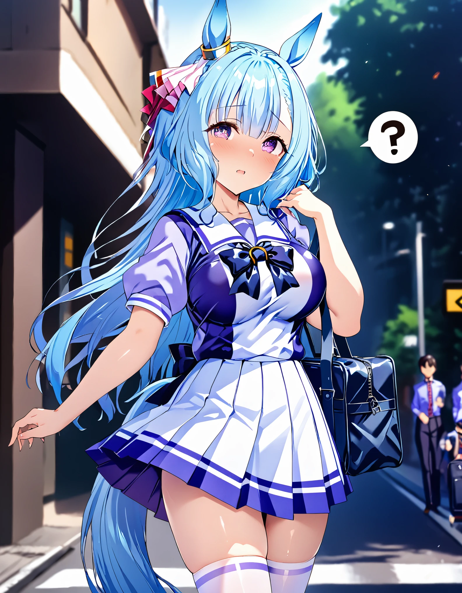 (nsfw),1girl,Alone,sole female,umamusume,Mejiro Ardan\(umamusume\),horse girl,horse ears, horse tail,purple eyes,blue hair,long hair, hair ornament,large breasts,looking side,look at me,(((tracen school outfit))),sailor shirt,purple shirt,pleated skirt,white thighthighs,bow tie,(school bag),((question mark,spoken question mark)),outdoors,road,street,sky,standing,[[from side]],cowboy shot,sunlight,break,(Anatomically correct),(ultra detailed),(ultra resolution),(best illustration),(masterpiece),(best quality),(detailed face),(cute eyes),shiny,5 fingers,score_9_up, score_8_up, score_7_up, score_6_up, score_5_up,8K,4K,cinematic lighting,figure,