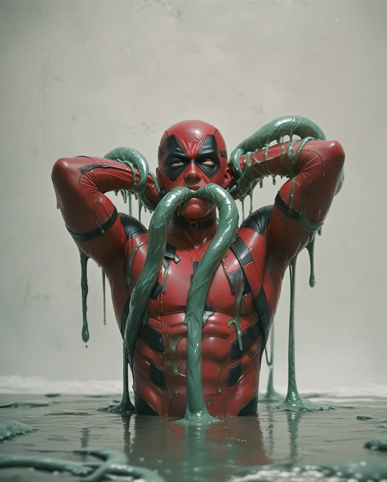 Deadpool, Superhero, Tentacle entanglement,, monster breeding, wet, slime, tentacles, slimy tentacles, monster and human breeding, Deep into the mouth, pectoral