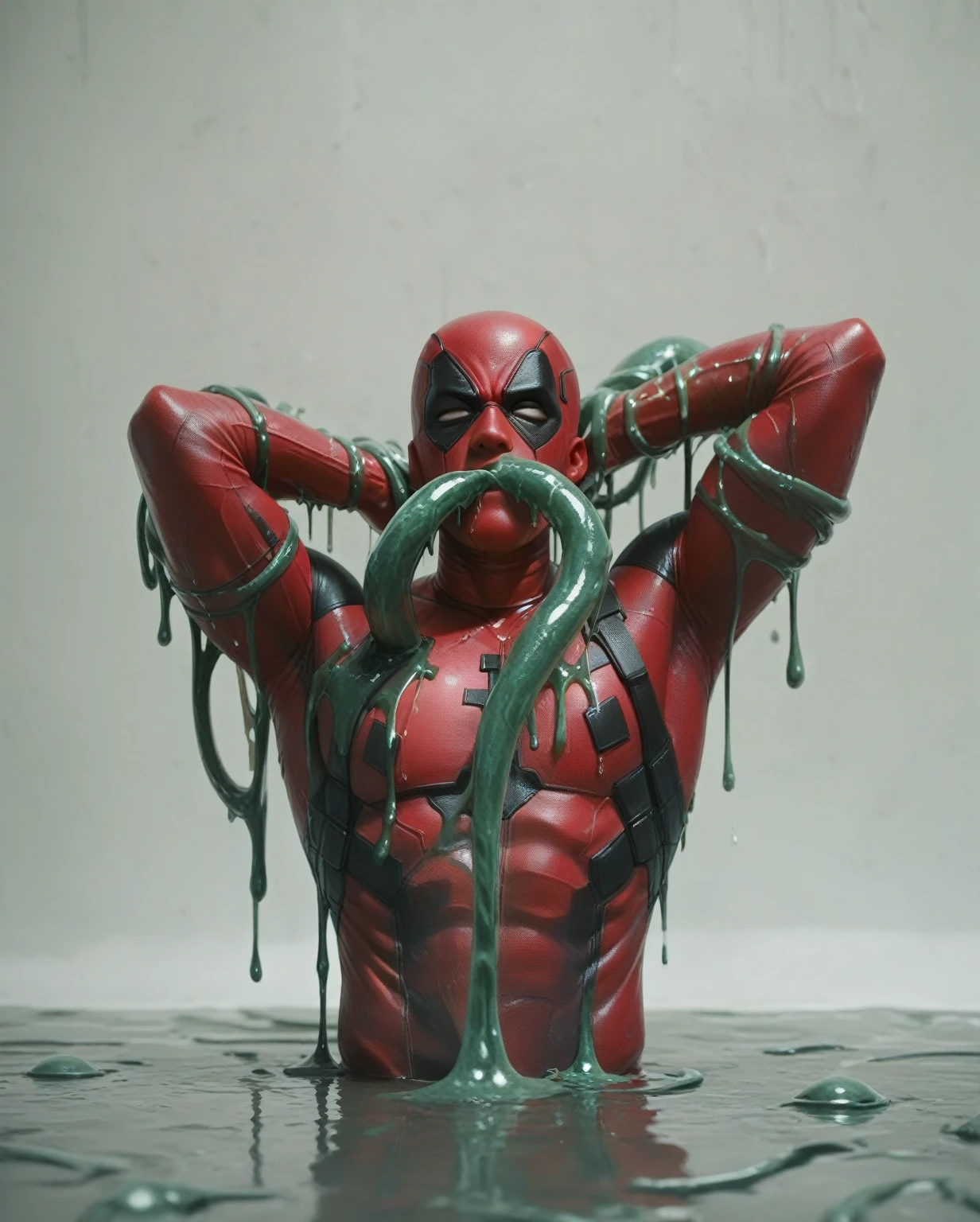 Deadpool, Superhero, Tentacle entanglement,, monster breeding, wet, slime, tentacles, slimy tentacles, monster and human breeding, Deep into the mouth, pectoral