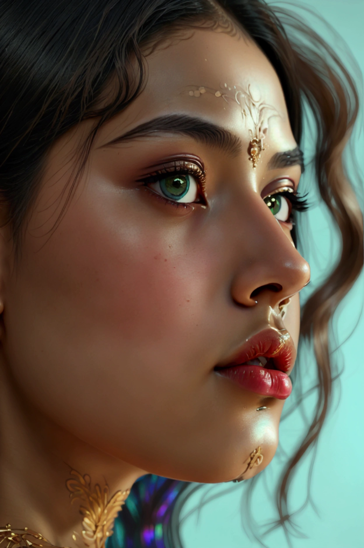 A hyper-detailed, avant-garde photograph featuring a striking Nepalese woman with pale light brown skin against a clear, light blue sky. Her full-face close-up highlights the smooth texture of her flawless complexion. Iridescent striped face markings elegantly stretch from her left cheek to her right cheek, adding an artistic touch. Shimmering metallic eyeshadow enhances the depth of her piercing gaze, while her glossy, deep red lips create a bold contrast to her skin. 
Large, intricately detailed golden earrings shaped like a Christian Holy Cross reflect light, contributing to her modern allure. She wears metallic urban Buddhist monk clothing, with a turtle neck that enhances her avant-garde look. The reflective surfaces of her earrings and outfit create a dynamic interplay with the environment, emphasizing her sleek presence. 
The minimalist background allows the viewer to focus on her eye-catching fashion and makeup. Captured with a Sony A7R IV camera and a 50mm f/1.2 G Master lens for a beauty editorial shoot, this composition highlights her fashion-forward aesthetic. Inspired by avant-garde fashion photography from Sølve Sundsbø, this image blends contemporary fashion and minimalist elegance, embodying mythp0rt and niji_flux styles for a sleek, high-fashion vision. ((glow_skin, iridescent skin, oily skin, portrait))