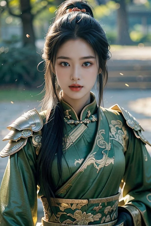 Realistic photorealism，The best picture quality，Highest resolution，8k，(A bust photograph)，(Portrait from bust:1.5)，(Head close-up)，(Rule of thirds)，Unreal Engine 5 rendering works， (The Girl of the Future)，(Female Warrior)， 
20-year-old girl，(The warrior in ancient China)，(Short ponytail hairstyle)，An eye rich in detail，(slim figure)，Elegant and noble，indifferent，(Smile)，
(The costume of Chinese swordsman elements，Costumes of ancient Chinese characters，Armor，The costume is red blood, green jade and gold，Heavy armour，Joint Armor)，(Chinese Hanfu:1.3)，Character，Fantasy style，
Photo poses，Field background，Movie lights，Ray tracing，Game CG，((3D Unreal Engine))，oc rendering reflection texture