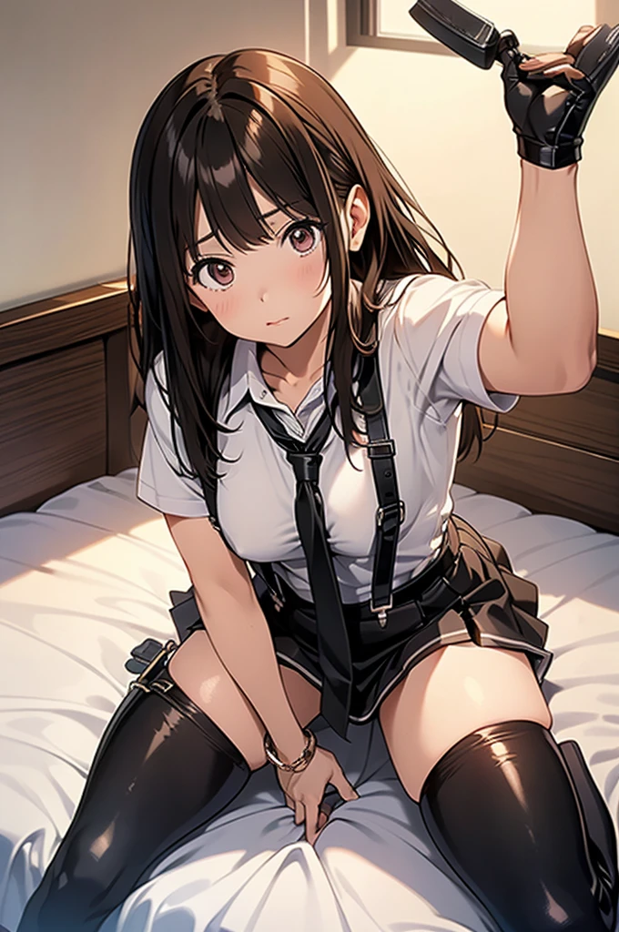 Brown hair、watching at viewers black suspenders Bulging big breasts walls: Black miniskirt garters Gaze Small face bangss holster Belt Armament Beautuful Women srestrained hands up Lying in bed Leg holster lying on the bed Gaze black boots panty shot,(a lot of cum:1.6),(pussy)