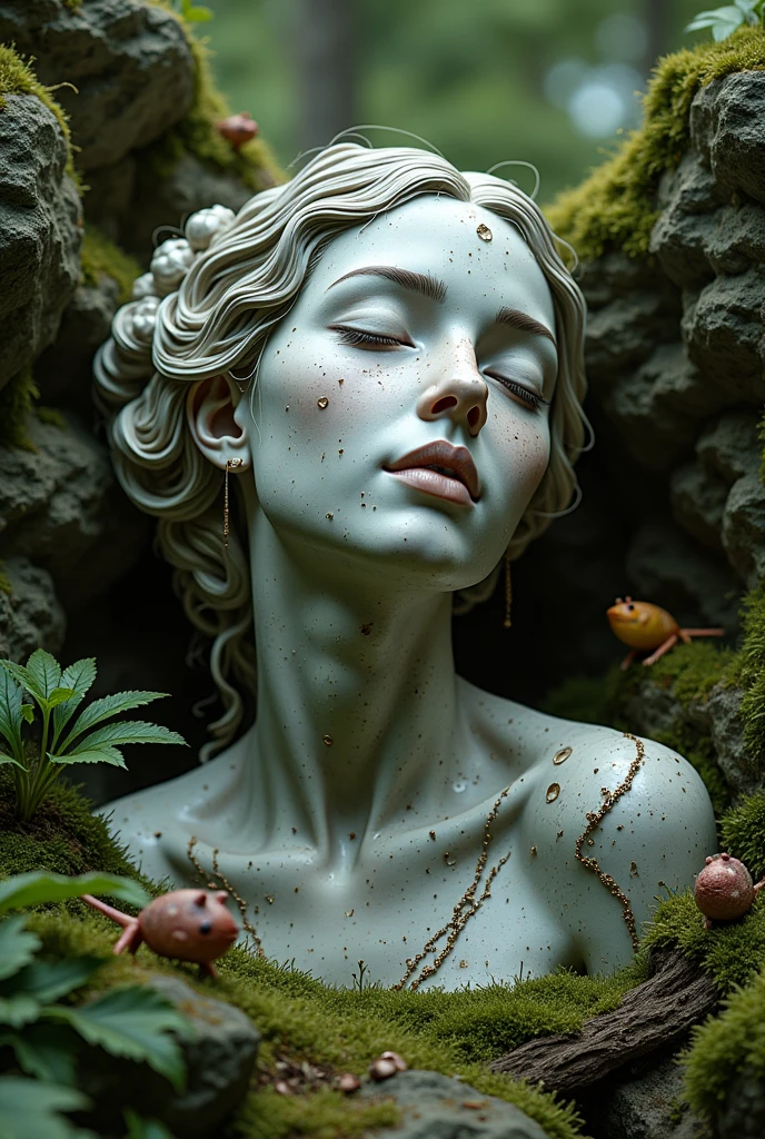 a detailed portrait sculpture of a person with eyes closed and head tilted back, in a forest setting with moss and small animals, highly detailed, (best quality,4k,8k,highres,masterpiece:1.2),ultra-detailed,(realistic,photorealistic,photo-realistic:1.37),intricate stone sculpture, serene expression, forest background, moss covered rocks, tiny forest creatures