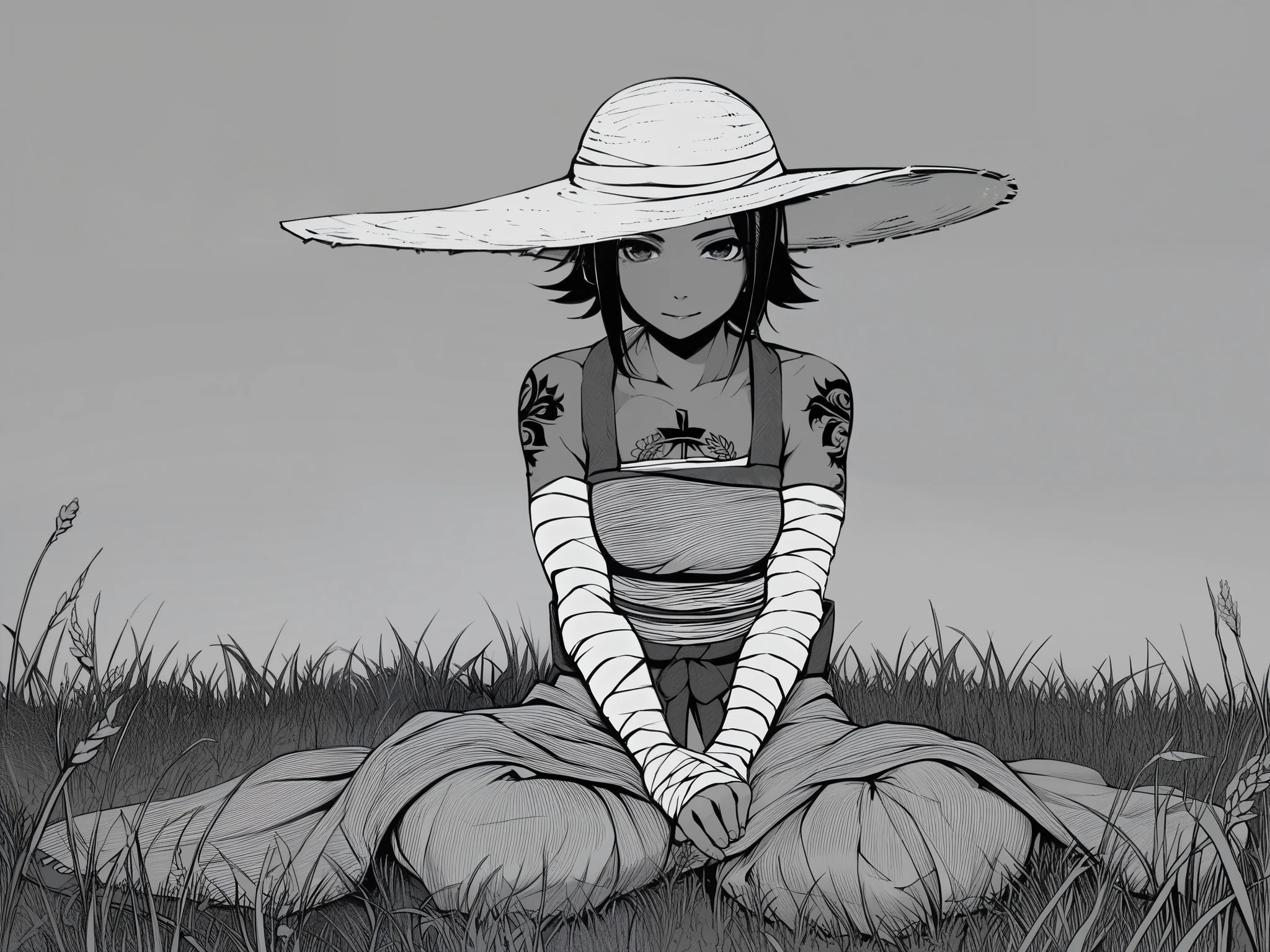 score_9, score_8_up, score_7_up, score_6_up, score_5_up, score_4_up, 1girl, sitting cross legged on grass, farmland background, (Straw hat hiding face: 1.0), bandaged forearms, bandaged chest, traditional japanese Kimono, fingerless gloves, tattoos, cool, (masterpiece), best quality, Samurai aesthetic, 
