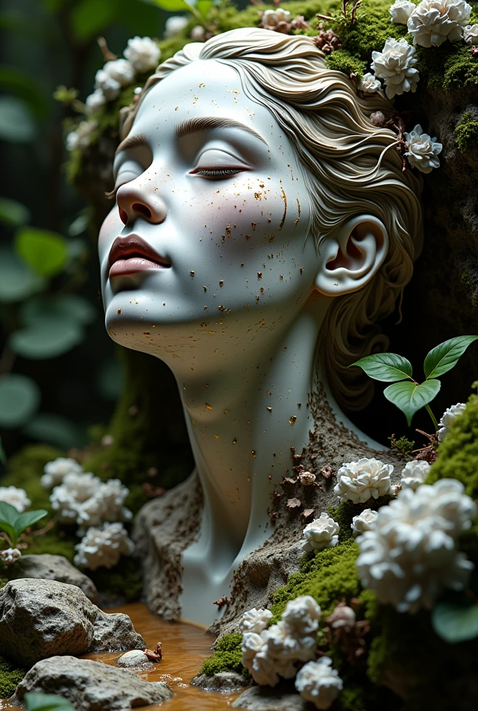 a detailed portrait sculpture of a person with eyes closed and head tilted back, in a forest setting with moss and small animals, highly detailed, (best quality,4k,8k,highres,masterpiece:1.2),ultra-detailed,(realistic,photorealistic,photo-realistic:1.37),intricate stone sculpture, serene expression, forest background, moss covered rocks, tiny forest creatures