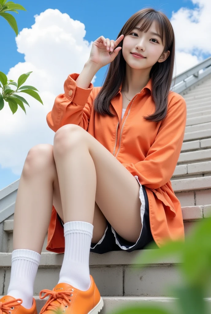 One girl, gal、makeup、Orange shoes、Sitting、null、cloud、Outdoor、Black Hair、bird、Upward view、青いnull、White socks、Daytime、 orange jacket、building、 Long Sleeve 、leaf、Long Hair、stage、赤い Katyusha、Pump rope、 Katyusha、bangs、曇りnull、from_below、Wide_shot、