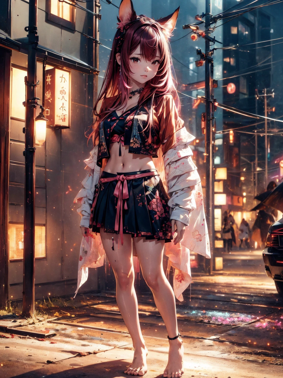  Beautiful Japanese girl,   Pink and brown hair adds high definition_Detail:1, kitsune ears,  tatuaje tribal add _Detail:1, en el infierno add _Detail, barefoot,  city, Evening, landscape, add _Detail:1 ,   skirt with saturated black belly button    , ( black blouse,   light blue   )), Shinobi girl