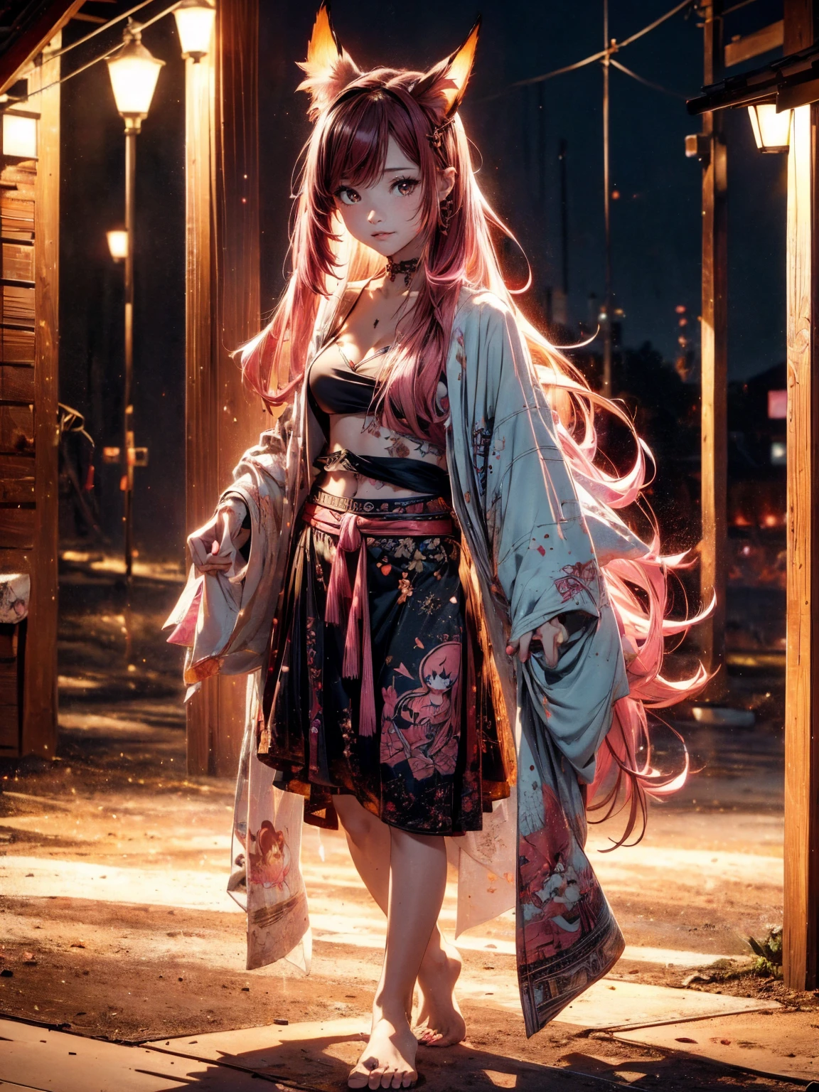  Beautiful Japanese girl,   Pink and brown hair adds high definition_Detail:1, kitsune ears,  tatuaje tribal add _Detail:1, en el infierno add _Detail, barefoot,  city, Evening, landscape, add _Detail:1 ,   skirt with saturated black belly button    , ( black blouse,   light blue   )), Shinobi girl