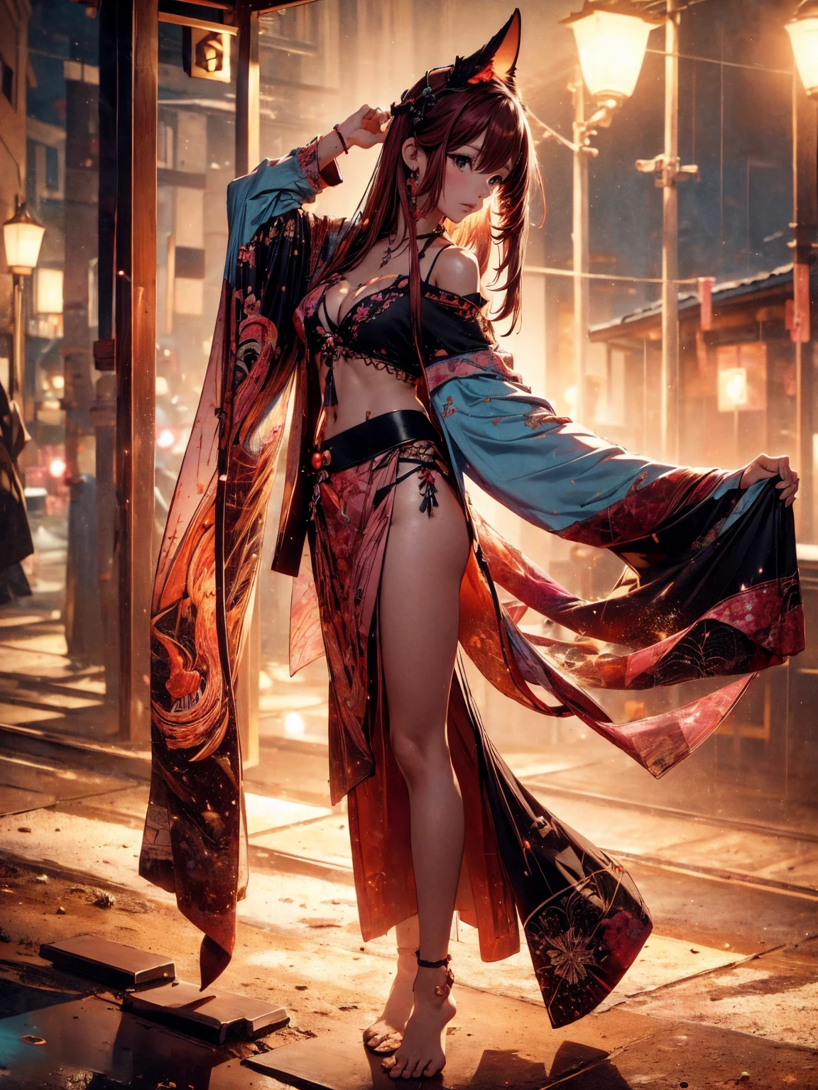  Beautiful Japanese girl,   Pink and brown hair adds high definition_Detail:1, kitsune ears,  tatuaje tribal add _Detail:1, en el infierno add _Detail, barefoot,  city, Evening, landscape, add _Detail:1 ,   skirt with saturated black belly button    , ( black blouse,   light blue   )), Shinobi girl