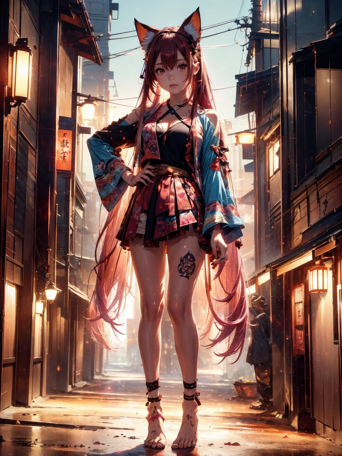  Beautiful Japanese girl,   Pink and brown hair adds high definition_Detail:1, kitsune ears,  tatuaje tribal add _Detail:1, en el infierno add _Detail, barefoot,  city, Evening, landscape, add _Detail:1 ,   skirt with saturated black belly button    , ( black blouse,   light blue   )), Shinobi girl