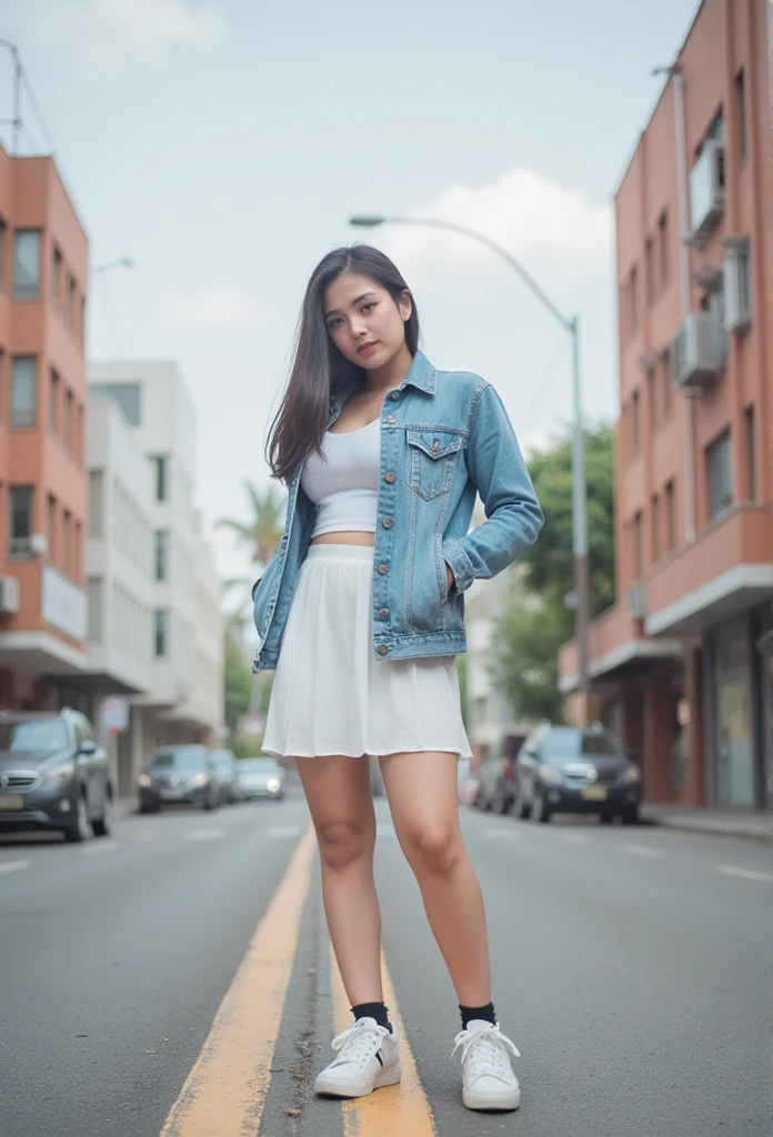 Soft, Take a photo, film,Thai women,Age 20 years, sport bra and pleated skirt,in city , sneakers, standing 