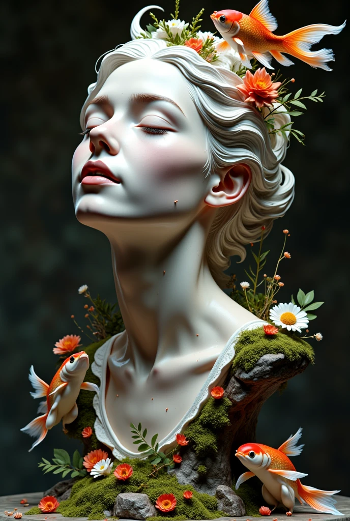 a detailed portrait sculpture of a person with eyes closed and head tilted back, in a forest setting with moss and small animals, highly detailed, (best quality,4K,8k,highres,masterpiece:1.2),ultra-detailed,(realistic,photorealistic,photo-realistic:1.37),intricate stone sculpture, serene expression, forest background, moss covered rocks, tiny forest creatures，Goldfish swimming in the air