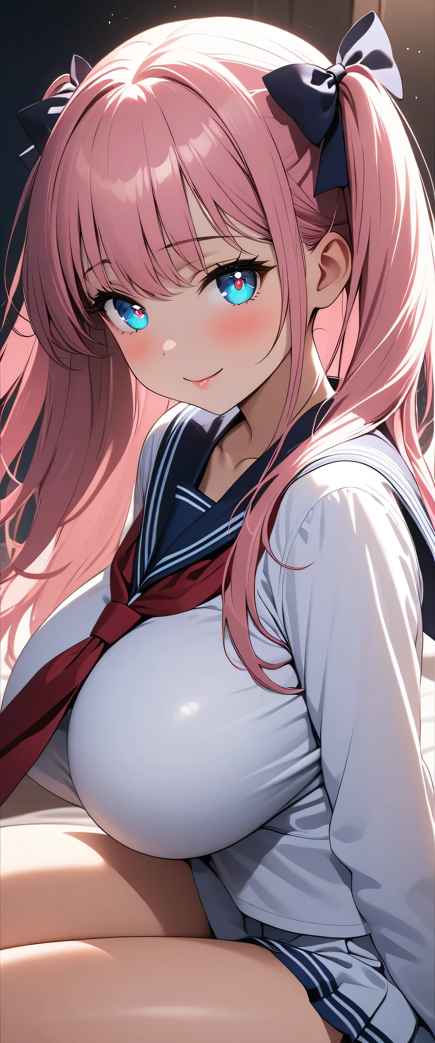 (beautiful girl:1.3),masterpiece,Please redeem,Ultra-high resolution,rich contrast,Very high quality,8k,Highly detailed CG unit wallpaper,Texture,So ridiculous,RAW Photos,Highest quality anime,Depth of written boundary 1.2,ultra-detailed eyes,Glowing Skin,Glitter Effect,Beautiful glossy lips,handed over_Haramura, 1girl, pink hair, twintails, long hair, blue eyes, ribbon on twintails, huge breasts, serafuku, school uniform, red necktie, blue skirt, pleated skirt, white thighhigh, smile, closed mouth,Health Room,bed,knees up
