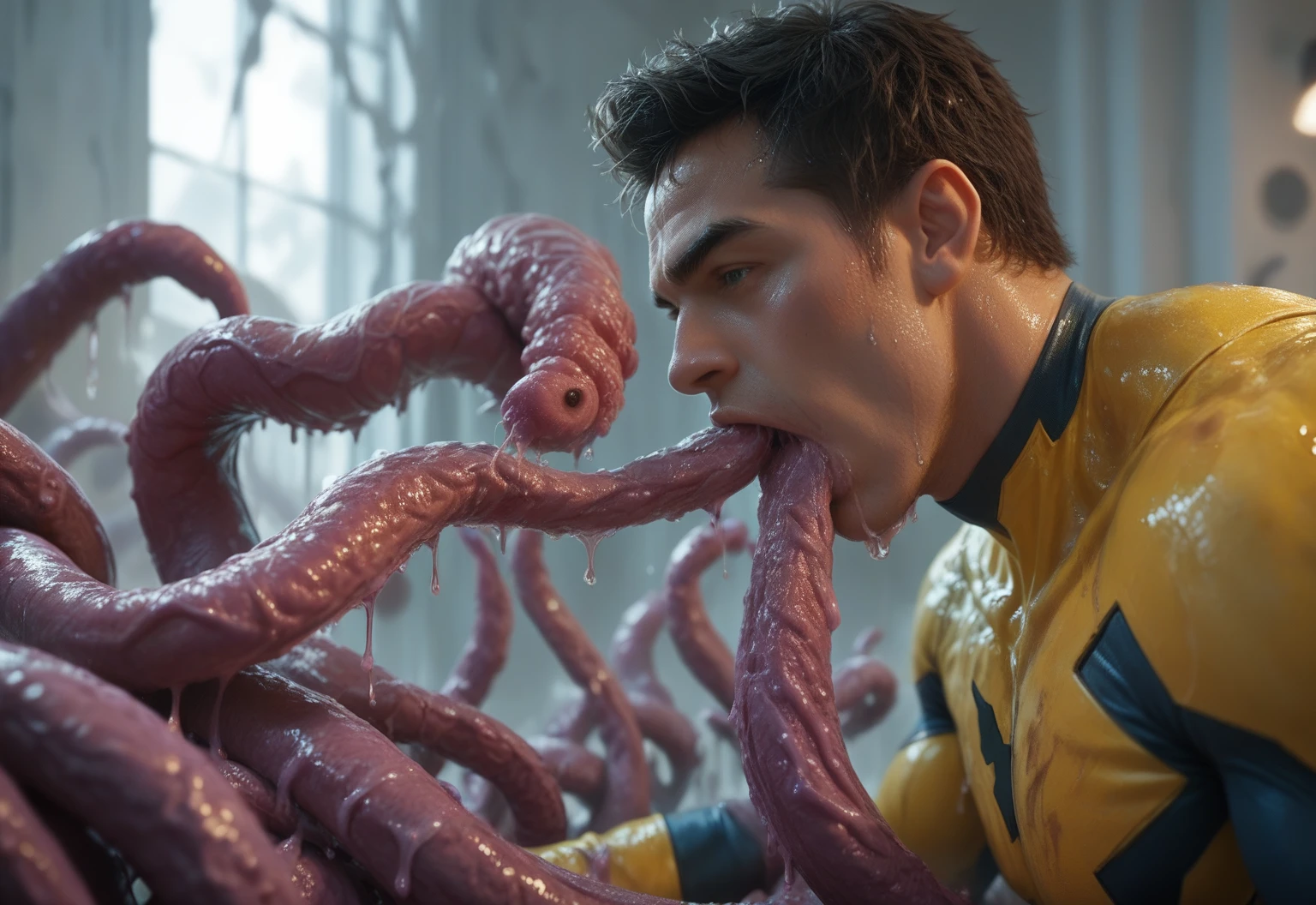 Superhero, Tentacle entanglement, monster breeding, wet, slime, tentacles, slimy tentacles, monster and human breeding, Deep into the mouth, pectoral