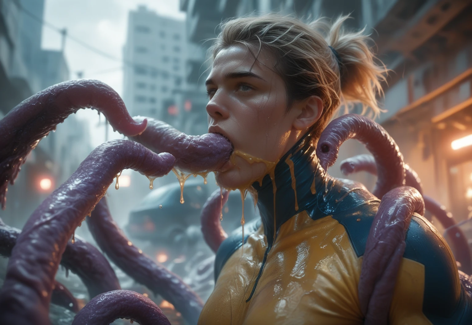 Superhero, Tentacle entanglement, monster breeding, wet, slime, tentacles, slimy tentacles, monster and human breeding, Deep into the mouth, pectoral