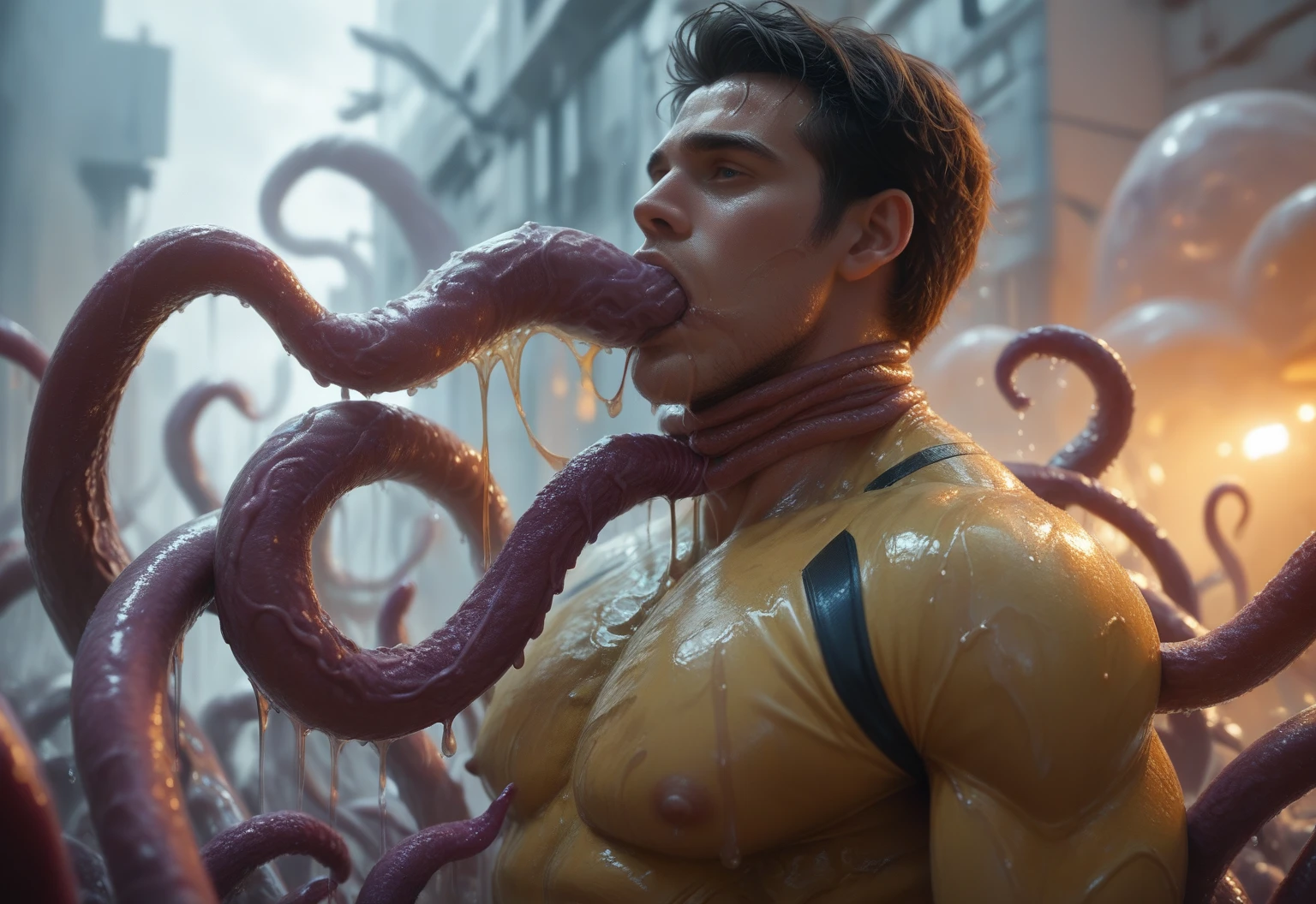 Superhero, Tentacle entanglement, monster breeding, wet, slime, tentacles, slimy tentacles, monster and human breeding, Deep into the mouth, pectoral