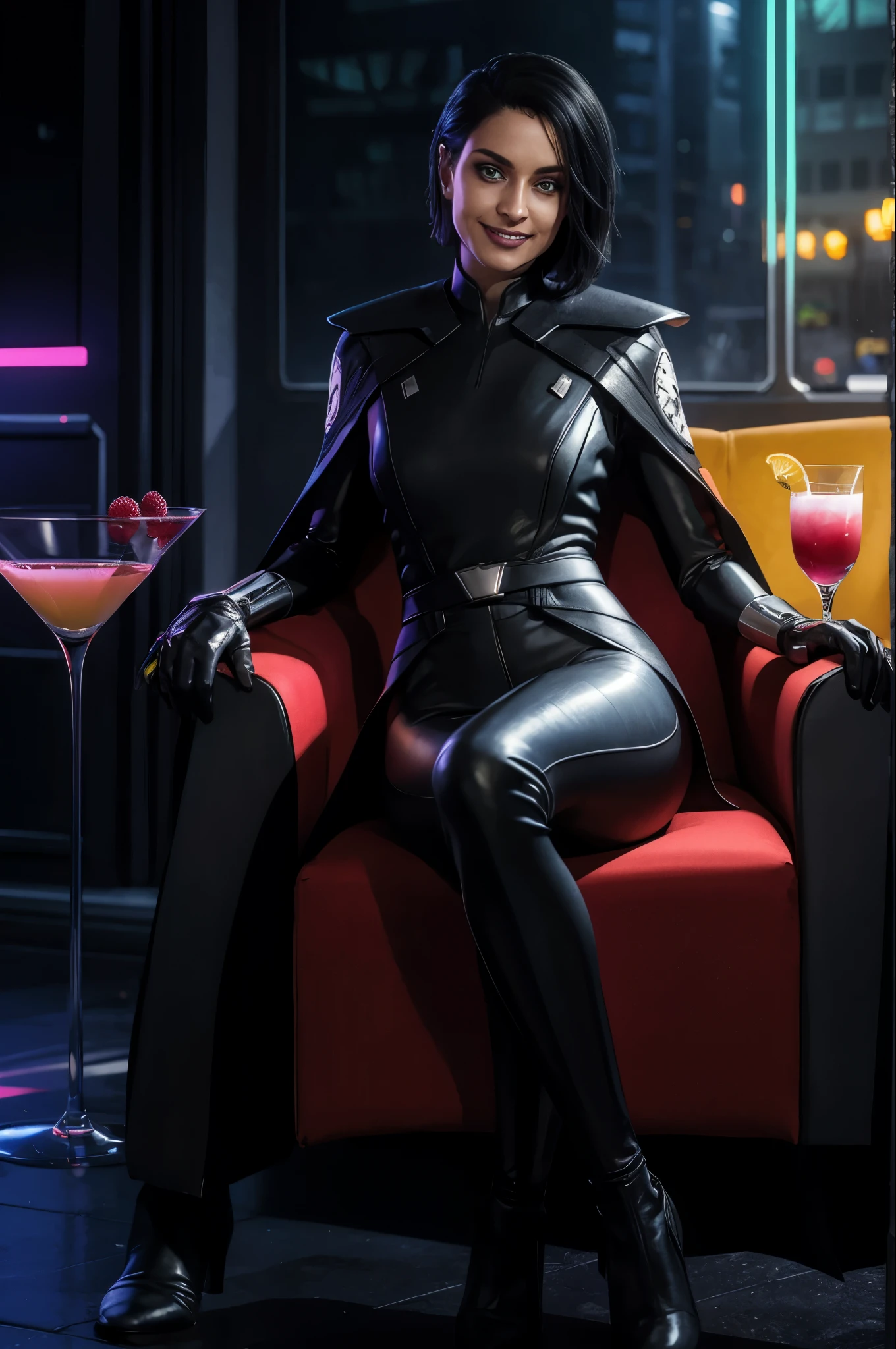trilla,dark skin, short hair, green eyes, eye bags, eye shadow,armor,black gloves,tight bodysuit,black cape,black pants, looking at viewer, serious, tired, smiling, teeth,
sitting, legs crossed, interior of a futuristic club, holding a martini glass with raspberry juice,
neon lighting, extreme detail, hdr, fantasy quality,