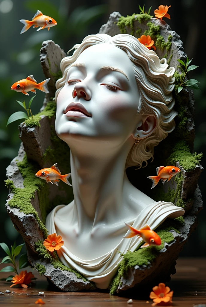 A beautiful illustration ：a detailed portrait sculpture of a person with eyes closed and head tilted back, in a forest setting with moss and small animals, highly detailed, (best quality,4K,8k,highres,masterpiece:1.2),ultra-detailed,(realistic,photorealistic,photo-realistic:1.37),intricate stone sculpture, serene expression, forest background, moss covered rocks, tiny forest creatures， goldfish swimming in the air