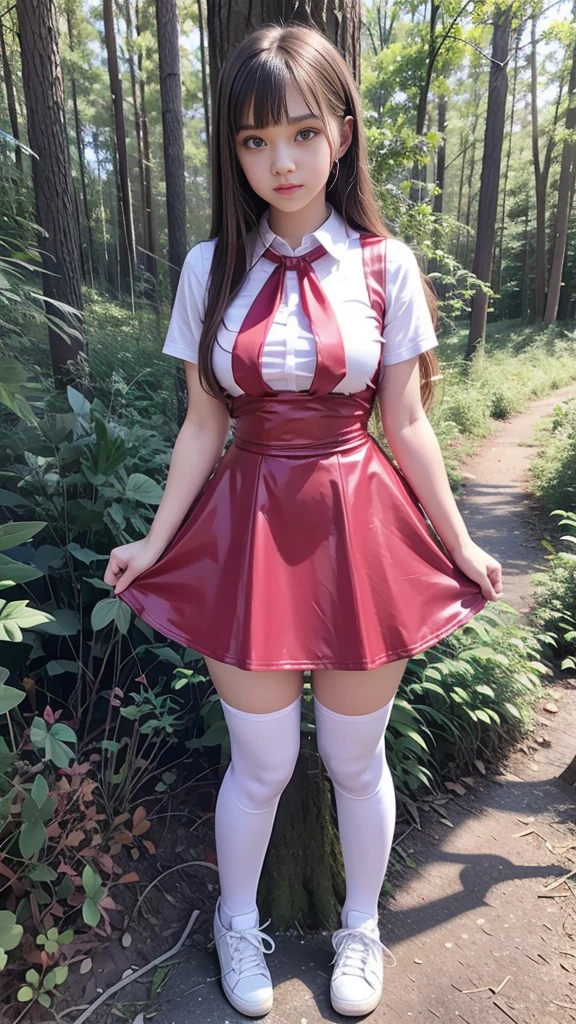 Cute young beautiful curvy schoolgirl ,  beautiful  teen face, red leather skater pinafore dress ,  transparent white blouse, short sleeves, red silk tie , brunette long hair,  beautiful eyes. stockings,  Sneakers,  schoolgirl - standing in the woods ,   photorealistic , sad face, skater pinafore, skater dress, full size figure