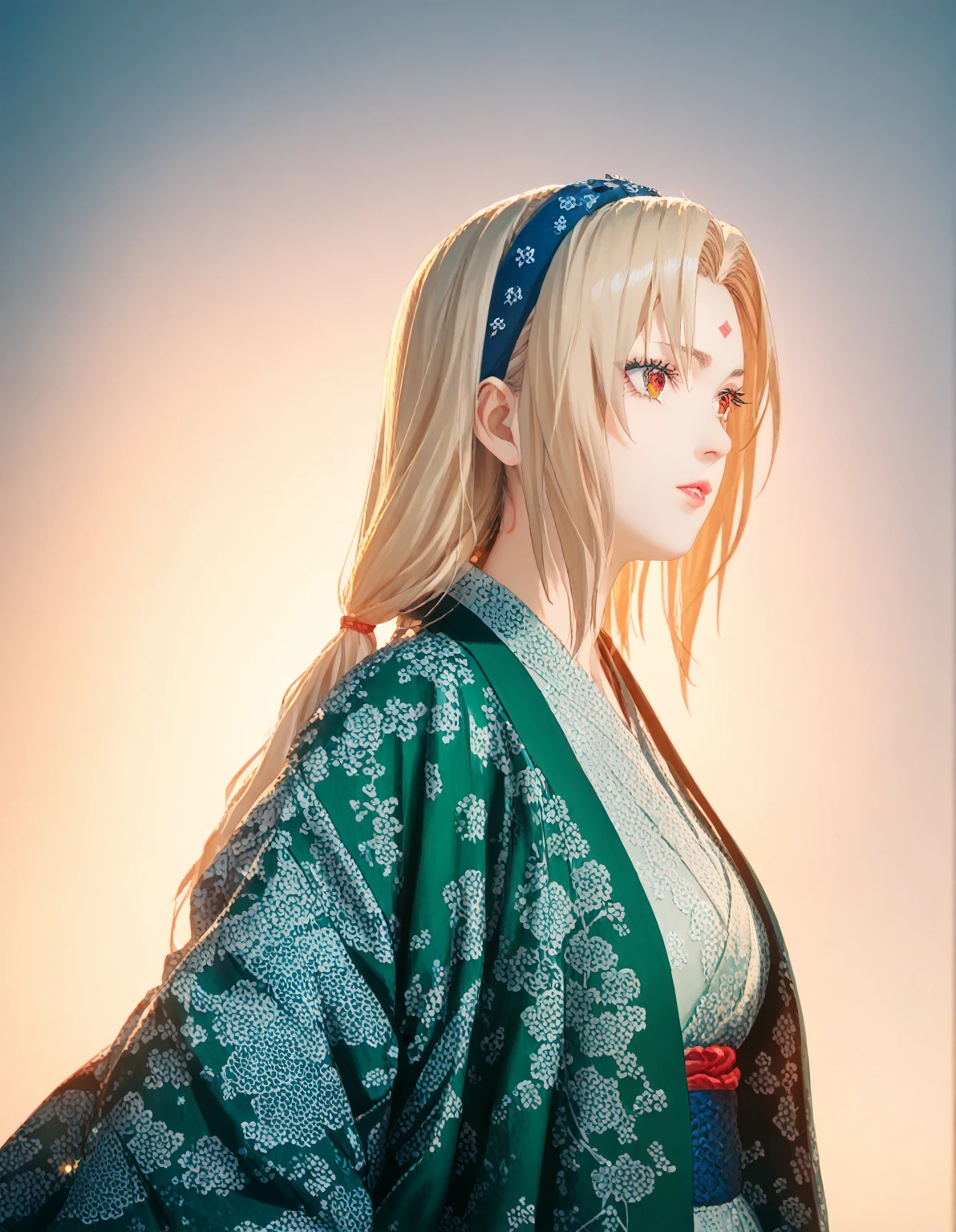 1 girl, detailed portrait of Tsunade, beautiful detailed eyes, beautiful detailed lips, extremely detailed face, long eyelashes, elegant hairstyle, blue headband, red rhombus mark on forehead, white and green kimono, intricate kimono patterns, delicate facial features, serene expression, soft lighting, warm color tone, cinematic composition, digital art, masterpiece, ultra-detailed, photorealistic