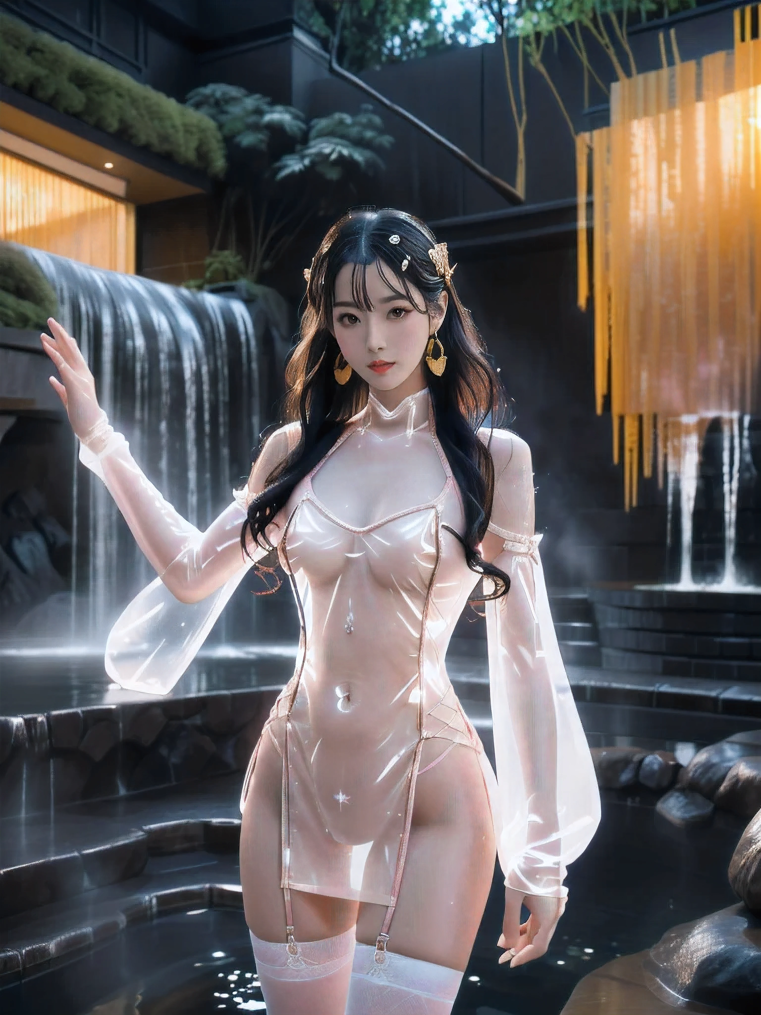 A sexy Chinese girl with a beautiful face, Wear a transparent men's shirt, Wear sexy lace half cup bra inside,
(((night, Indoor hot spring waterfall, Dark environment, Faint light))),
(( 8k Ultra HD , 8k, Ultra-high resolution, best quality, Super Fine, Clear focus. Masterpieces, complete pattern, Ultra HD, Detailed photos, Best image quality,Ultra-clear,Delicate facial features,Well-defined, Highly rated works)),
((Creating the image of a real girl), Realistic shadows, Soft lighting, Dynamic Angle, Dynamic poses, elegant posture, Cowboy lens, Full body front view, Be confident, Facing the camera, Eyes looking towards camera lens, Standing posture, Open your legs slightly, Golden Ratio Graphics, minimalism, Center the character),
( Smile, sexy, Balanced Eyes, Realistic eyes, eyes in beautiful detail,Pretty Face, (Realistic face), Normal facial features, Realistic skin, Attention to skin details, Skin is clean and radiant, Whitening, Anatomically correct body, Golden ratio figure, sexy身材),
(Perfect makeup, Gloves, earrings, bracelet, necklace, Jewelry, Hair accessories, Veil, shawl, sock, Knee socks, Hanging garter, Leg ring, garter, Leg garter),
((beautiful hair), Deep black hair, Wavy curly hairstyle, Waist-length hair, Messy Hairstyle, Gradient hairstyles, Cyberpunk hairstyle),
((Transparent clothes: 1.5), (Revealing clothes: 1.5), (Wet clothes:1.5), (Color of clothes: Pink), Wear transparent clothing),
(sexy, Perfect breast shape, Teardrop chest shape, Snow-white breasts, very detailed breasts, 36B cups),
(Super high waist, Deep V, Low-cut, sexy, Flattering, Open crotch, (Camel toe, High fork strangulation))