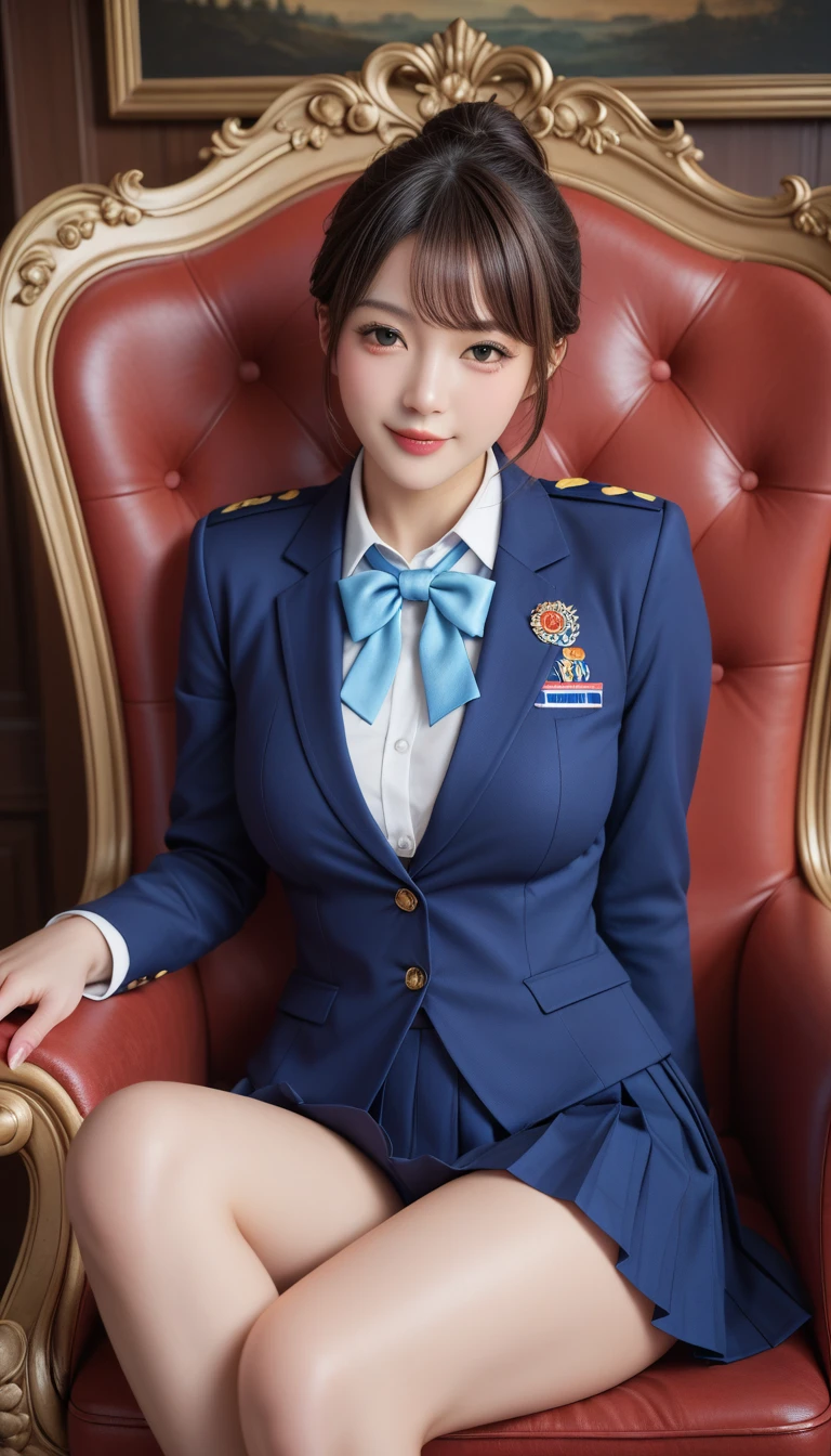 extremely detailed eyes and face, long eyelashes, intricate facial features,The most beautiful face, sit on a chair,Realistic,photoRealistic,photo-Realistic:1.37, High image quality ,8k, Details, highly  Details, masterpiece, hyper  Details, extremely  Details, 複雑な Details, insanely  Details,  sharp concentration , High image quality ,8k, Details, highly  Details, masterpiece, High image quality ,8k, Details, highly  Details, masterpiece, High image quality ,8k, Details, highly  Details, masterpiece, hyper  Details, extremely  Details,  insanely  Details,  sharp concentration ,Very intense、Student Uniform、Japanese women、whole body、 miniskirt 、 pleated skirt、 Crossing your legs、  Beautiful Thighs