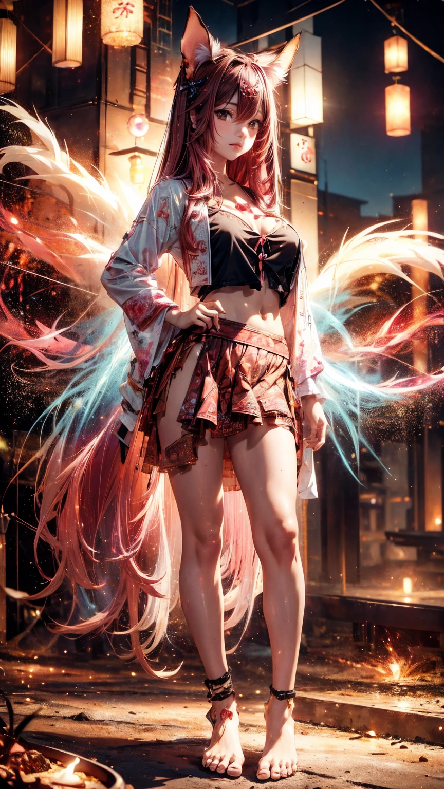  Beautiful Japanese girl,   Pink and brown hair adds high definition_Detail:1, kitsune ears,  tatuaje tribal add _Detail:1, en el infierno add _Detail, barefoot,  city, Evening, landscape, add _Detail:1 ,   skirt with saturated black belly button    , ( black blouse,   light blue   )), Shinobi girl