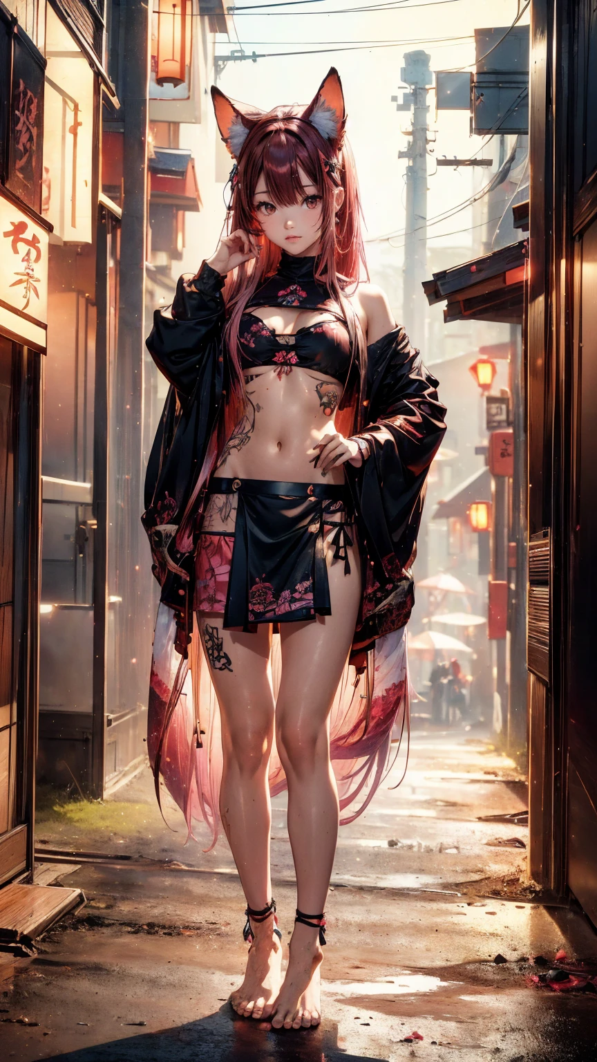  Beautiful Japanese girl,   Pink and brown hair adds high definition_Detail:1, kitsune ears,  tatuaje tribal add _Detail:1, en el infierno add _Detail, barefoot,  city, Evening, landscape, add _Detail:1 ,   skirt with saturated black belly button    , ( black blouse,   light blue   )), Shinobi girl