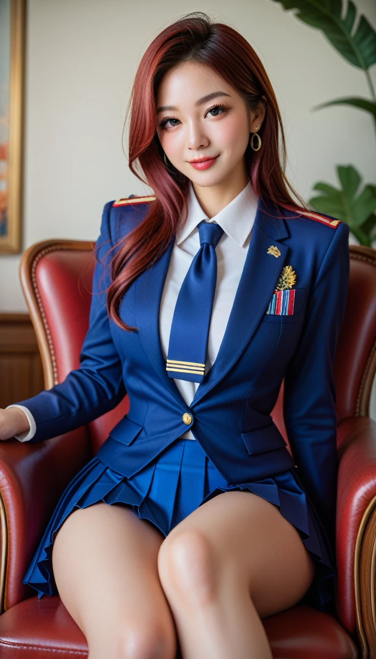 extremely detailed eyes and face, long eyelashes, intricate facial features,The most beautiful face, sit on a chair,Realistic,photoRealistic,photo-Realistic:1.37, High image quality ,8k, Details, highly  Details, masterpiece, hyper  Details, extremely  Details, 複雑な Details, insanely  Details,  sharp concentration , High image quality ,8k, Details, highly  Details, masterpiece, High image quality ,8k, Details, highly  Details, masterpiece, High image quality ,8k, Details, highly  Details, masterpiece, hyper  Details, extremely  Details,  insanely  Details,  sharp concentration ,Very intense、Student Uniform、Japanese women、whole body、 miniskirt 、 pleated skirt、 Crossing your legs、  Beautiful Thighs