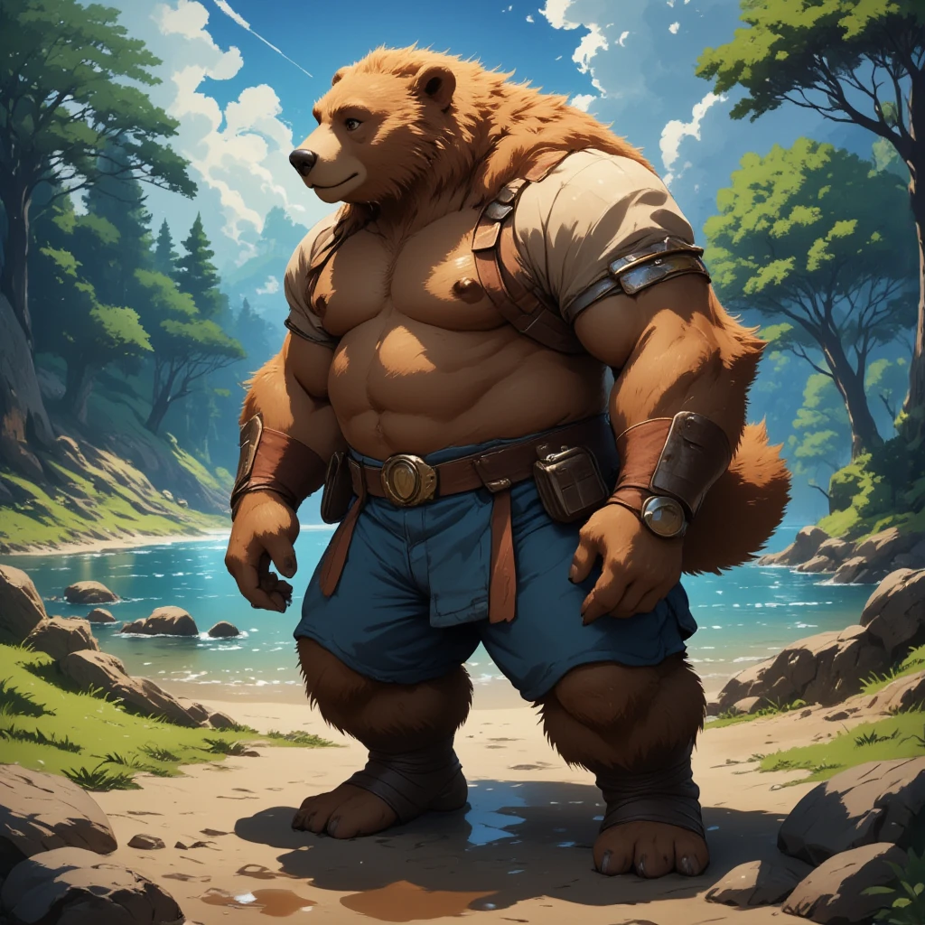 character focus, full body, looking away, various angle, european fantasy, a muscular middle-aged bear man, clothed, heroic costume, armor, pants, boots, dynamic pose, BREAK complete anatomy, perfect proportions, beautiful thigh gap, fluffy body, intricate fur details, beautiful fur texture, BREAK (a detailed bear tail, detailed boots, detailed foot), detailed hands, 5fingers, 5fingers nails, BREAK aesthetic anime face, insanity detailed face, male face, big face, square jawline, aesthetic anime eyes, detailed brown eyes, detailed brown cornea, detailed dark brown irises, detailed pupils, male eyes, big eyes, male eyebrows, innocent look, beautiful beard, BREAK full body in Michelangelo Buonarroti style, digital illustration anime, housamo style, detailed painting landscape, beach, path, outdoor, full color, HDR, BREAK masterpiece, official art, best quality, very aesthetic, absurdres, super fine illustration, great quality, BREAK noise reduction, very highres, large filesize, high quality, 32K, 8k wallpaper, dynamic lighting, BREAK insanity detailed, ultra detailed, intricate details, extremely detailed, detailed texture, an extremely delicate and beautiful, BREAK osukemo, e621 illustration, kemohomo, anthropomorphic, furry, cartoon, harmonious body, pastoral face, virtuous eyes, epic atmosphere