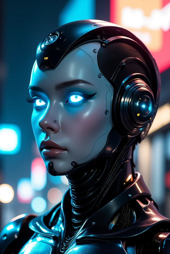 sfw,a futuristic sci-fi men, cyberpunk, hyper detailed face, striking blue eyes, glossy synthetic skin, intricate robotic anatomy, glowing neon implants, complex machinery, dramatic lighting, neon city background, 8k, photorealistic, cinematic composition, Create Money-Making Content, AI, Floating Screen With Thousand Baht Banknotes Or Money