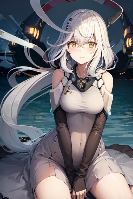 （1 girl sitting in a cave，With tears，Cheap clothes from the Middle Ages，the dress is torn and dirty，The girl is in pain，the clothes are all wet），White hair，eBlue eyes，choker necklace