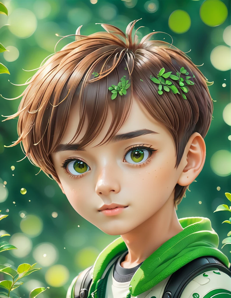 green leaf,jungles,Critters, Flowers, Birds,Boy in white shirt,A boy's face peeks out of the leaves,(Highest image quality), (The work of the master), (Hyper-detailing), (eye detailed: 1.0), (light flare lens: 1.0), (filmposter: 1.0), (unwind, downy :1.2), (Light beauty details:1.0),(ssmile:1.0) ,