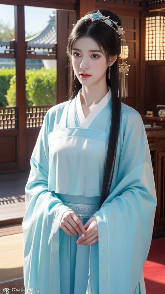  1 Girl .alone,Hanfu, Chinese clothing ,(Front 1.2）,photo, masterpiece, realism,best quality,  Ultra High Resolution , 原始photo, photo拍攝, major, Amazing details, colorful,  Surrealism , masterpiece, best quality, [Hall, point of view, Best Quality,  Sharp Focus , Digital Art Rendering, 【8k,