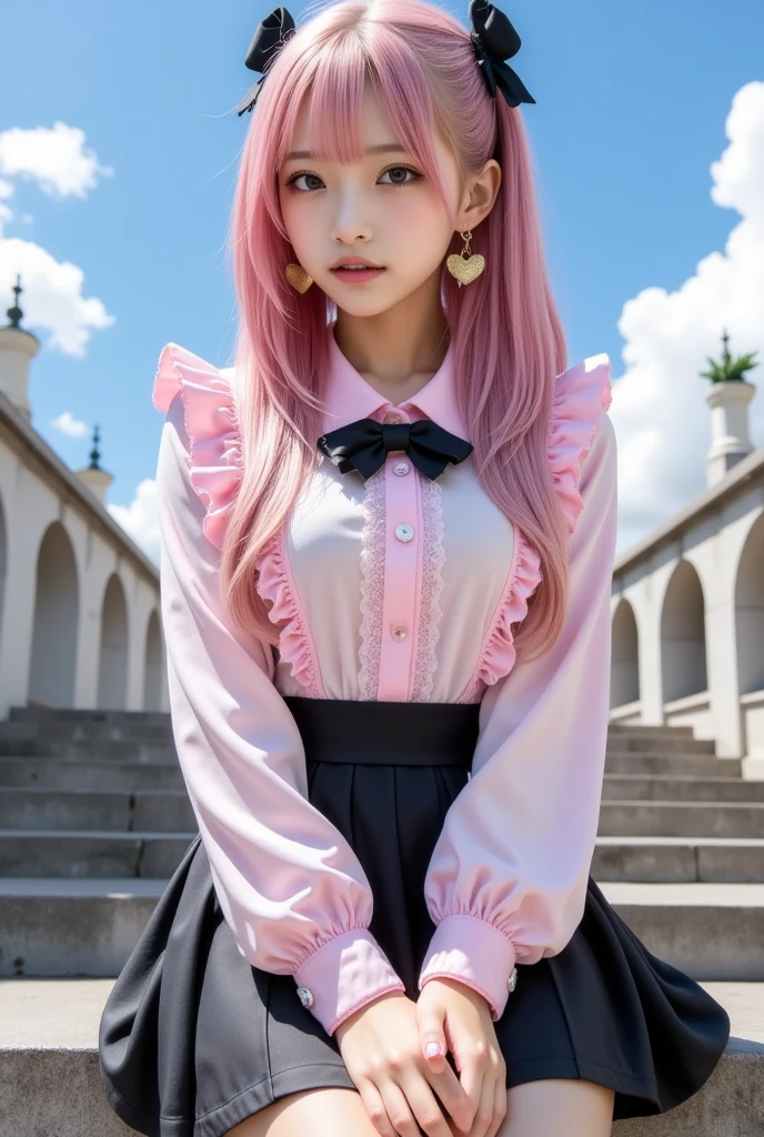 One girl, gal、1Girl,sitting,from_below,wide_shot,.
make-up, portrait photo, shy, (gold, pink hair, two-tone hair), long hair, black ribbon, Jirai Kei, (cross lace dress, pink shirt, long sleeves, ruffle sleeves), ruffles, black bow tie, black skirt, heart brooch, heart earrings, ring, manicure, pink nails, black nails, black choker,(best quality, masterpiece, 8K, highest quality, hyperrealism, award winning), masterpiece, highest quality, high resolution, highly detailed photo, professional lighting, sky, clouds, bird, blue sky, daytime, building, stairs