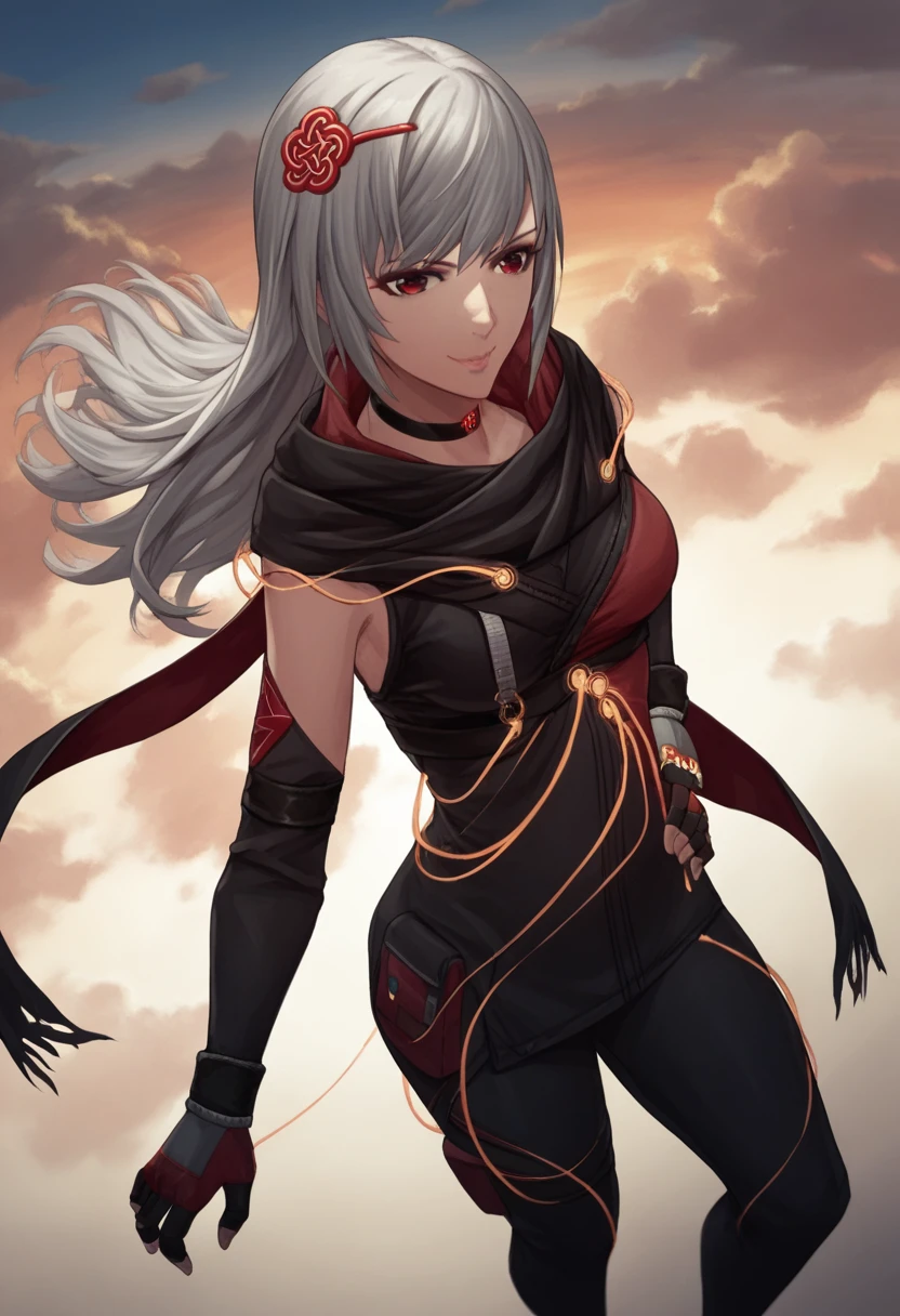 score_9, score_8_above, score_7_above, source_animated, BREAK 1girl,   looking at the viewer , smile,  hand on hip, DefKasane , long hair,  hair ornament , choker, black jacket,  medium breasts, black scarf, red cape,   Separate sleeves , cables, red gloves,  fingerless gloves ,  black pants , al aire libre, sky,  cloud Big Boobs Milf Thicc Hot Big Ass 