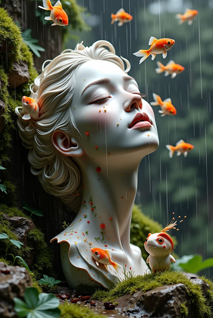 A beautiful illustration ：a detailed portrait sculpture of a person with eyes closed and head tilted back, in a forest setting with moss and small animals, highly detailed, (best quality,4K,8k,highres,masterpiece:1.2),ultra-detailed,(realistic,photorealistic,photo-realistic:1.37),intricate stone sculpture, serene expression, forest background, moss covered rocks, tiny forest creatures，Goldfish swimming in the air，Rainy Day