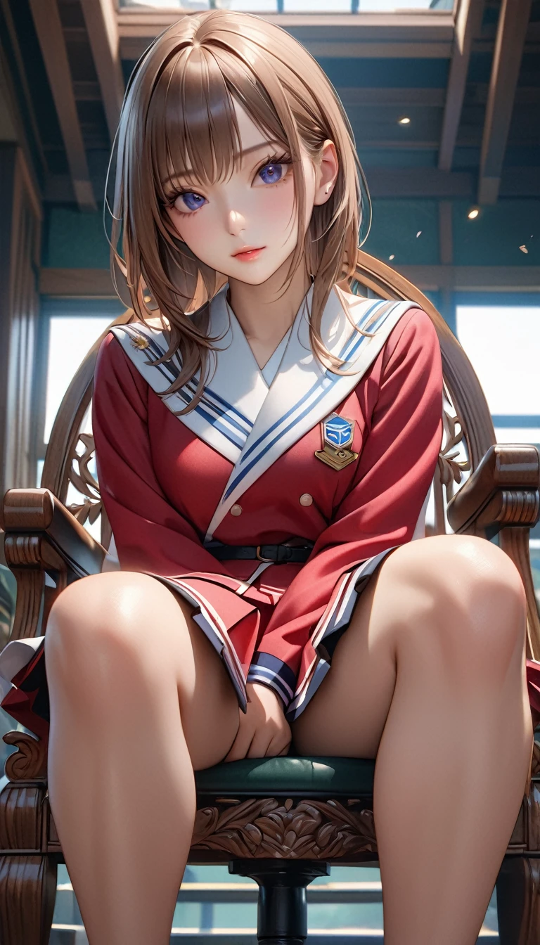 The most beautiful face, anatomically correct,extremely detailed eyes and face, long eyelashes, intricate facial features,The most beautiful face, sit on a chair,Realistic,photoRealistic,photo-Realistic:1.37, High image quality ,8k, Details, highly  Details, masterpiece, hyper  Details, extremely  Details, 複雑な Details, insanely  Details,  sharp concentration , High image quality ,8k, Details, highly  Details, masterpiece, High image quality ,8k, Details, highly  Details, masterpiece, High image quality ,8k, Details, highly  Details, masterpiece, hyper  Details, extremely  Details,  insanely  Details,  sharp concentration ,Very intense、Student Uniform、Japanese women、whole body、 miniskirt 、 pleated skirt、 Crossing your legs、  Beautiful Thighs