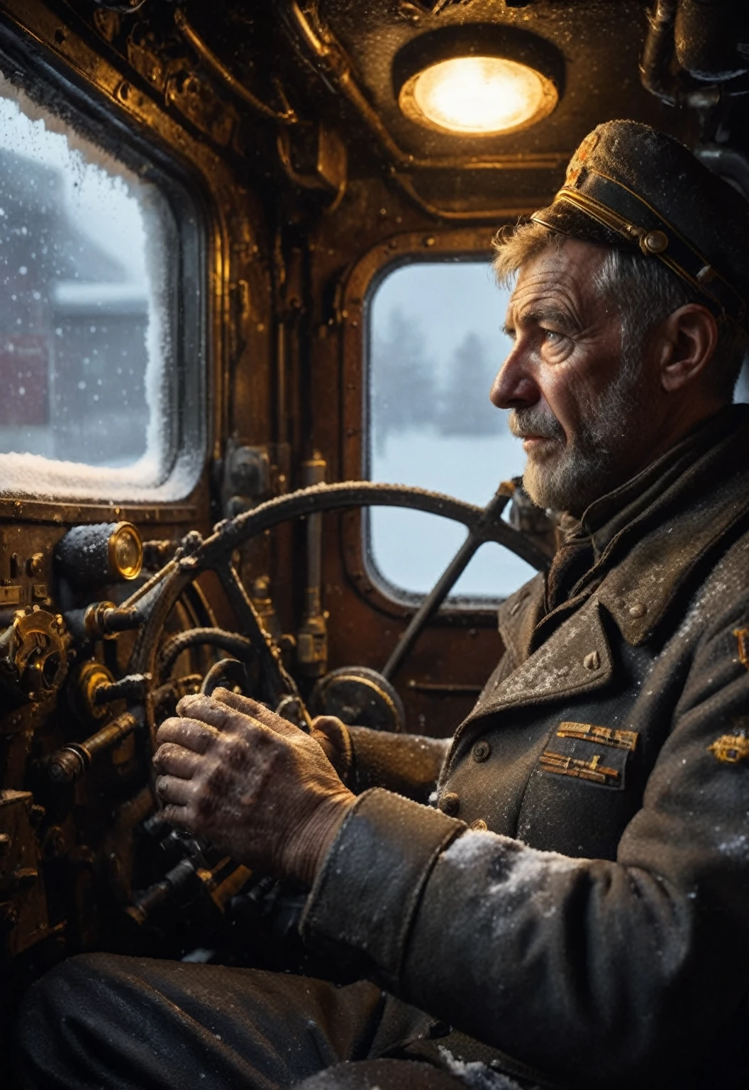 A weathered Soviet engineer in a dimly lit steam locomotive cockpit, illuminated by warm amber gauges, snow drifting past frosted windows. World War II-era details, brass instruments, coal dust, hyper-realistic textures, volumetric lighting, condensation on metal surfaces.