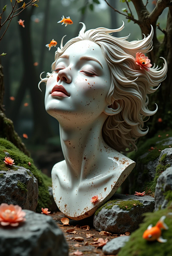 A beautiful illustration ：a detailed portrait sculpture of a person with eyes closed and head tilted back, in a forest setting with moss and small animals, highly detailed,Scratches and cracks on the surface，crack， (best quality,4K,8k,highres,masterpiece:1.2),ultra-detailed,(realistic,photorealistic,photo-realistic:1.37),intricate stone sculpture, serene expression, forest background, moss covered rocks, tiny forest creatures， goldfish swimming in the air，Rainy Day