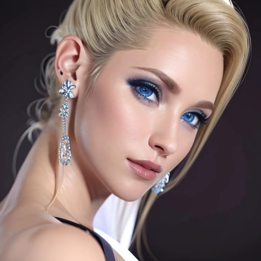 masterpiece,  Best quality,  1girl,  blue eyes ,  blond hair, earrings,  looks at the viewer, simple background, One, wearing a sex outfit