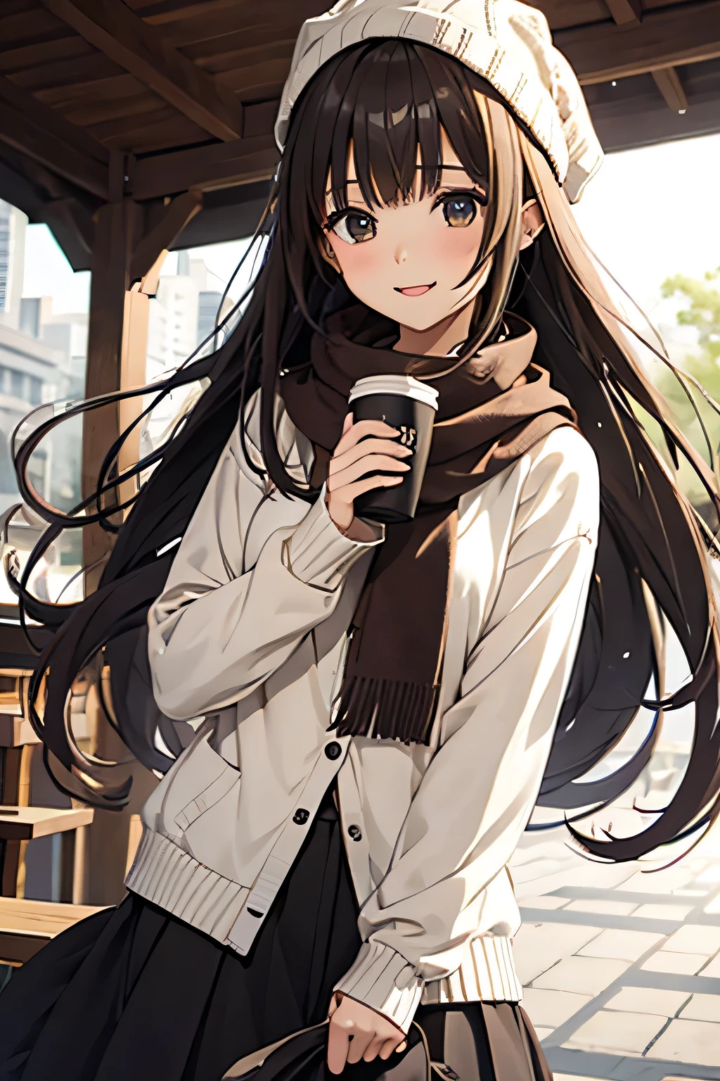  1 girl , 秋の紅leaf, bangs,  black headwear , Blurred Background, ,  Brown Eyes , Brown Hair, brown scarf, brown skirt,  cardigan, coffee,  cowboy shot, cup, disposable cup, [drink, 落ちleaf, Beanie, holding, holding [drink, leaf, Long Hair,  Long Sleeve ,  staring at viewers , open  cardigan,  opens her mouth, Check pattern, Check pattern skirt, puffy  Long Sleeve , red sweater, scarf, shirt, shirt tucked in,  side lock, skirt, smile, Alone, sweater, white shirt,  very detailed, Complex, masterpiece, Absurd
