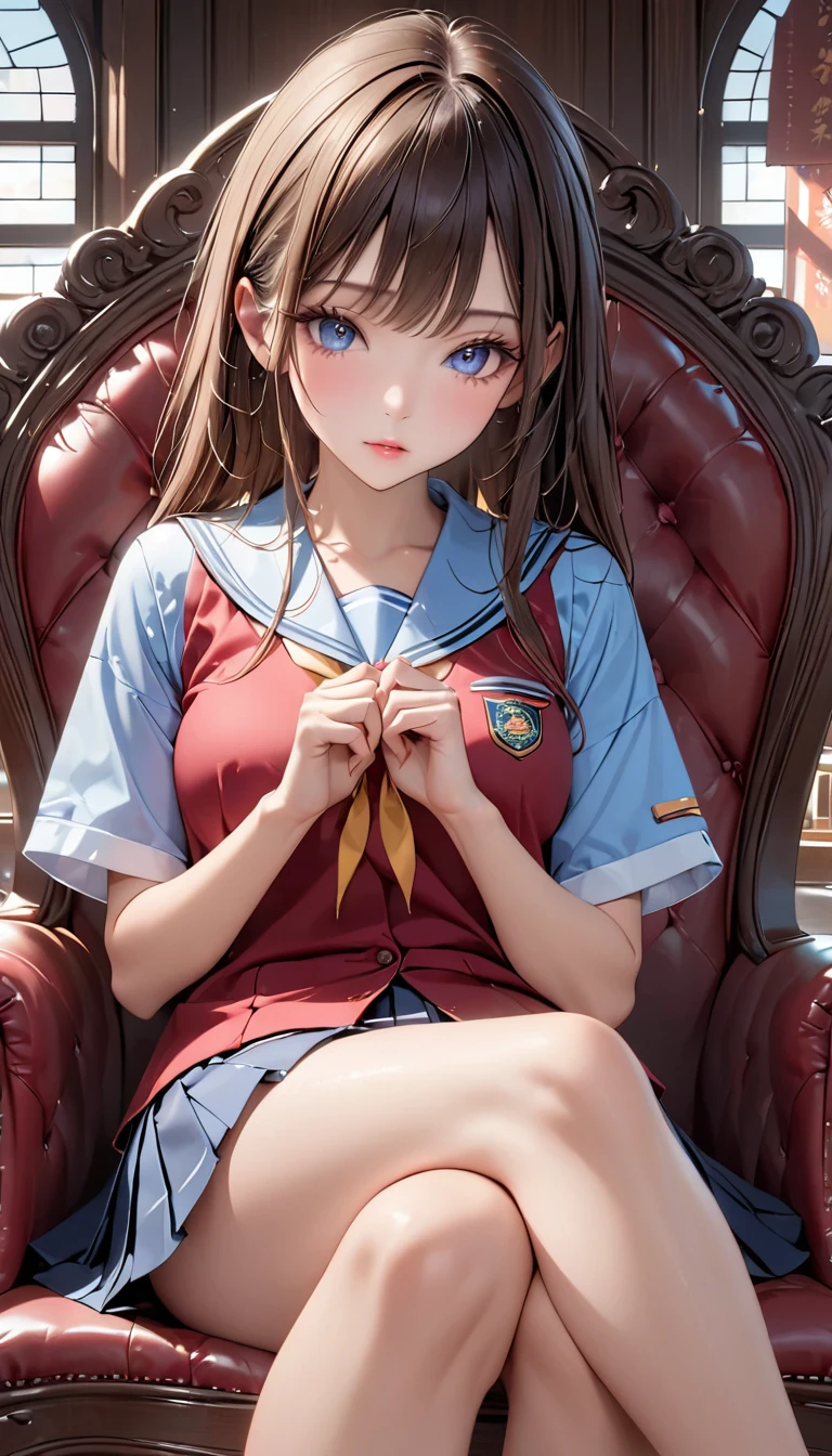 The most beautiful face, anatomically correct,extremely detailed eyes and face, long eyelashes, intricate facial features,The most beautiful face, sit on a chair,Realistic,photoRealistic,photo-Realistic:1.37, High image quality ,8k, Details, highly  Details, masterpiece, hyper  Details, extremely  Details, 複雑な Details, insanely  Details,  sharp concentration , High image quality ,8k, Details, highly  Details, masterpiece, High image quality ,8k, Details, highly  Details, masterpiece, High image quality ,8k, Details, highly  Details, masterpiece, hyper  Details, extremely  Details,  insanely  Details,  sharp concentration ,Very intense、Student Uniform、Japanese women、whole body、 miniskirt 、 pleated skirt、 Crossing your legs、  Beautiful Thighs