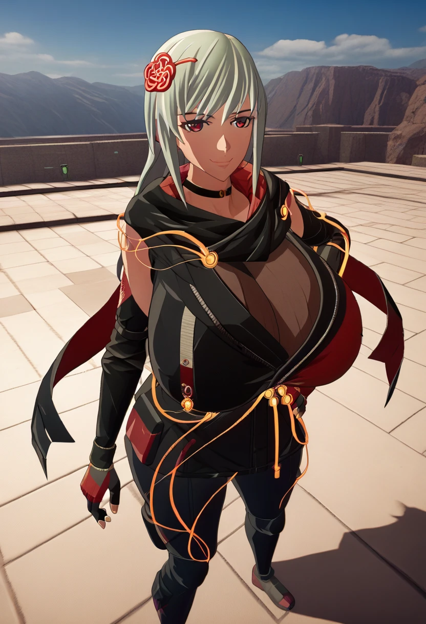 score_9, score_8_above, score_7_above, source_animated, BREAK 1girl,  looking at the viewer , smile,  hand on hip, DefKasane , long hair,  hair ornament , choker, black jacket, Gigantic breasts gigantic black scarf , red cape,  Separate sleeves , cables, red gloves,  fingerless gloves ,  black pants , al aire libre, sky, nube Big Boobs Milf Thicc Hot Big Ass Curvilínea Cintura plana Milf ❤️‍🔥❤️‍🔥❤️‍🔥❤️‍🔥❤️‍🔥🔞🔞🔞🔞🥛🥛🥛🚺🚺💘💘💘