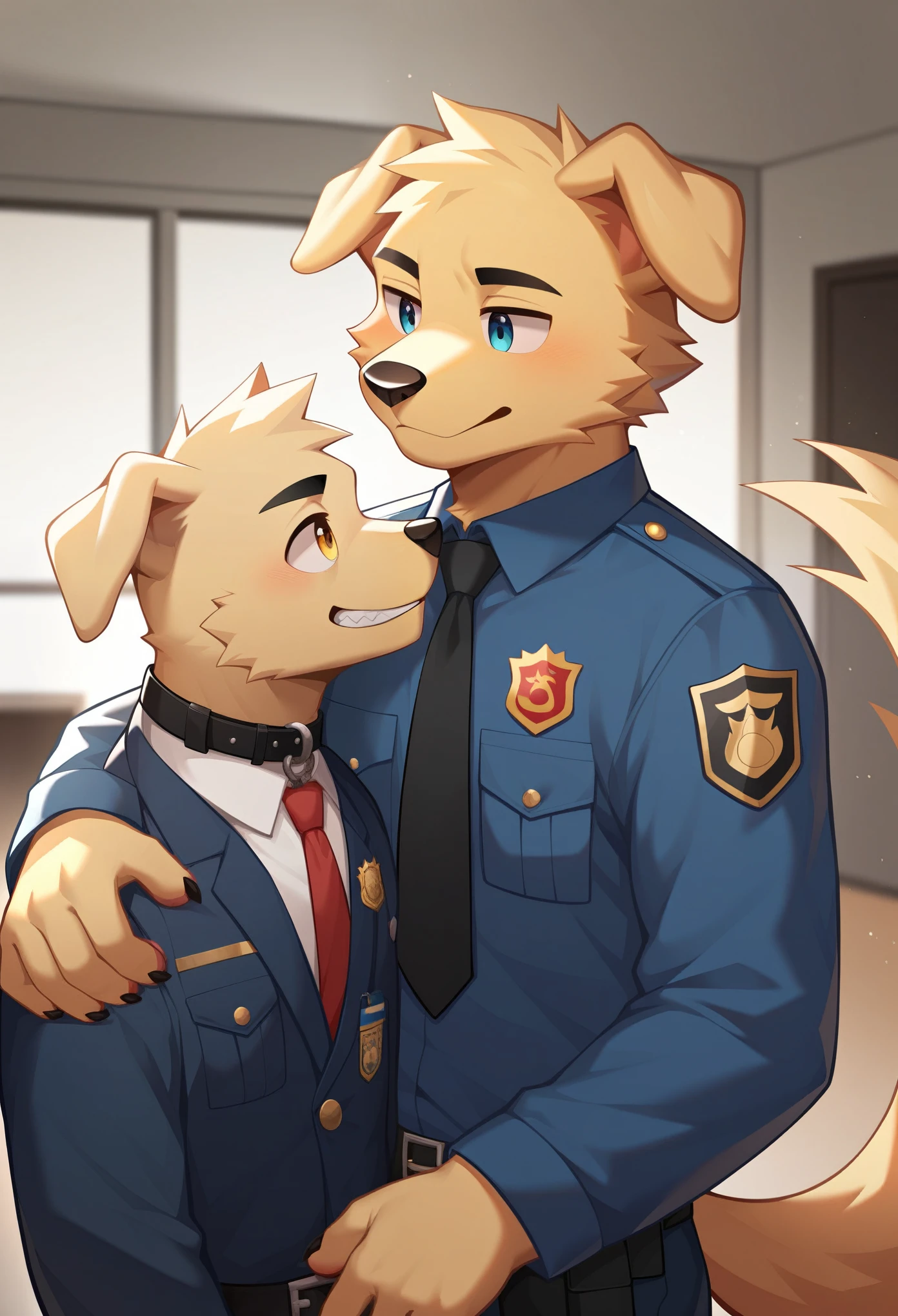 Tall, white, wolf furry, pinning a male fox furry to the locker. Locker room