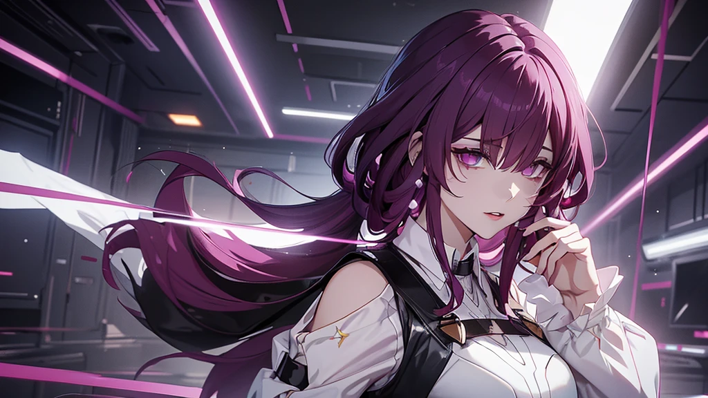 woman. alone. purple hair. Squeaky eye .  Wears a white dress shirt with a black vest over the top . Has a confident face .  Must look like the character Kafka from the game Honkai Star Rail.  Make the image with her face close. in detail