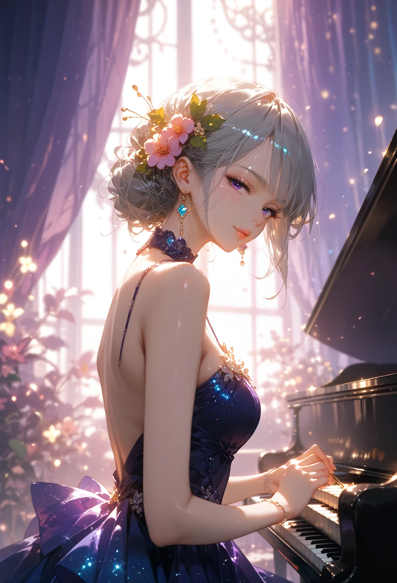  Anime The girl in a beautiful black and purple evening dress,  Playing the Piano in the Concert Hall , the glitter of the lights ,  the audience watches ,  The light falls from the spotlights on the Girl ,  The piano sparkles bright silver paint ,  keys are clearly visible , Game of Shadows, bright colors, Clear Drawing of Details, masterpiece, 8 k,  intricate details ,  soft and warm atmosphere , 